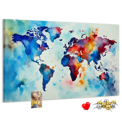 Lavagna di sughero mappa del mondo colorata con design ad acquerello