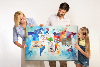 Lavagna di sughero mappa del mondo colorata con design ad acquerello