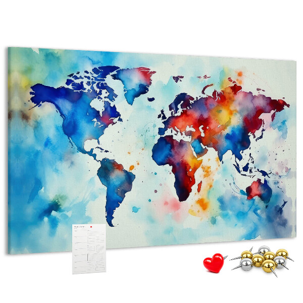 Lavagna di sughero mappa del mondo colorata con design ad acquerello