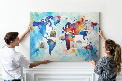 Lavagna di sughero mappa del mondo colorata con design ad acquerello