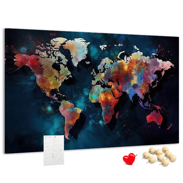 Bacheca in sughero con mappa del mondo colorata su sfondo scuro