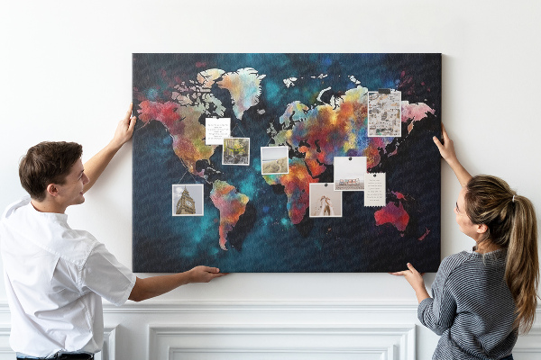 Bacheca in sughero con mappa del mondo colorata su sfondo scuro