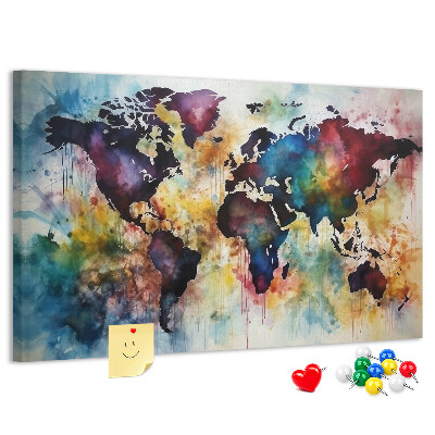 Lavagna di sughero mappa del mondo colorata in stile acquerello