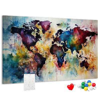 Lavagna di sughero mappa del mondo colorata in stile acquerello
