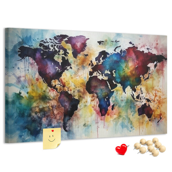 Lavagna di sughero mappa del mondo colorata in stile acquerello