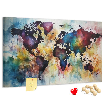 Lavagna di sughero mappa del mondo colorata in stile acquerello