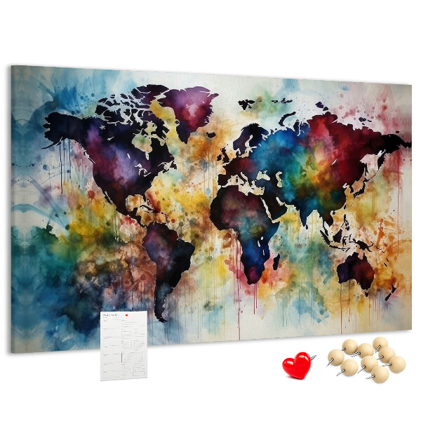 Lavagna di sughero mappa del mondo colorata in stile acquerello