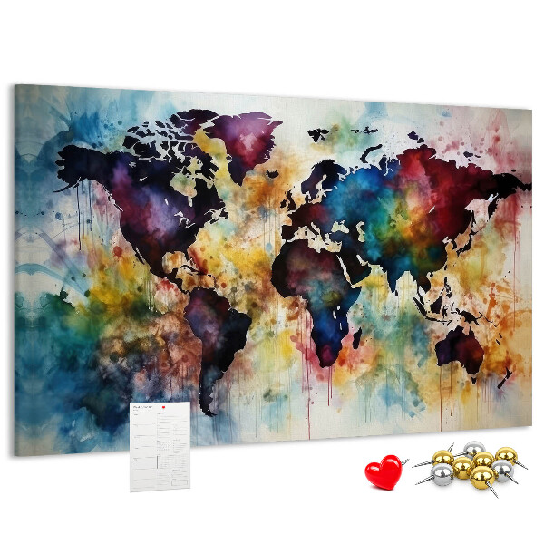 Lavagna di sughero mappa del mondo colorata in stile acquerello
