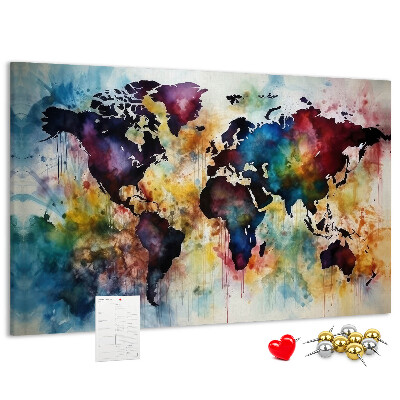 Lavagna di sughero mappa del mondo colorata in stile acquerello