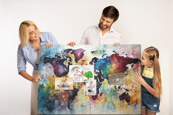 Lavagna di sughero mappa del mondo colorata in stile acquerello
