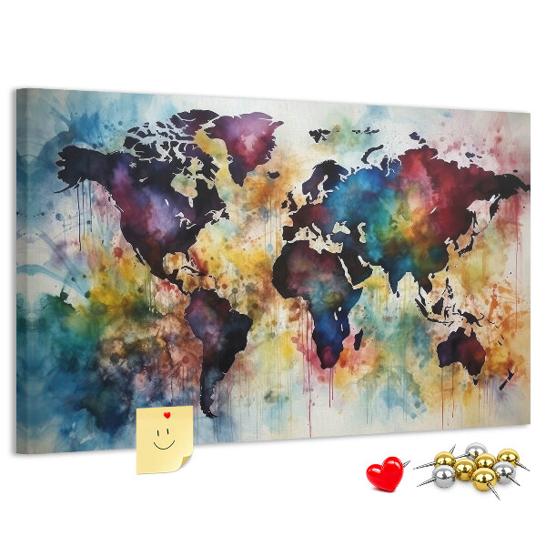 Lavagna di sughero mappa del mondo colorata in stile acquerello