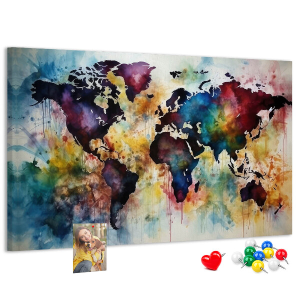 Lavagna di sughero mappa del mondo colorata in stile acquerello