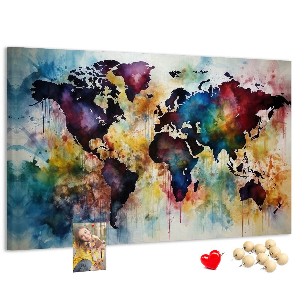 Lavagna di sughero mappa del mondo colorata in stile acquerello