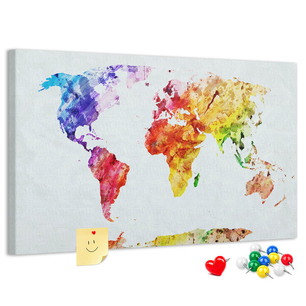 Lavagna di sughero mappa del mondo decorativa con colori ad acquerello