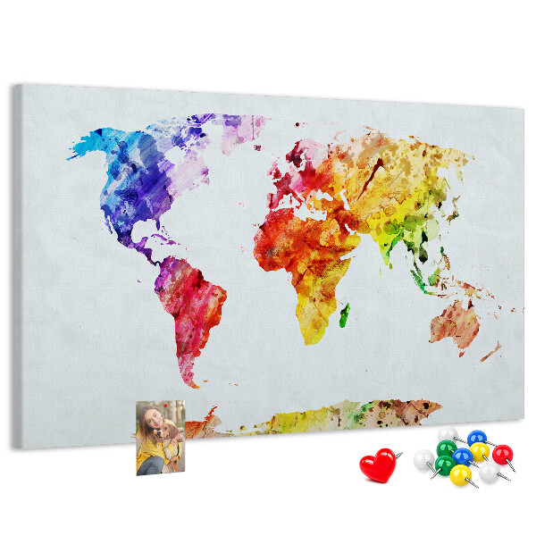 Lavagna di sughero mappa del mondo decorativa con colori ad acquerello