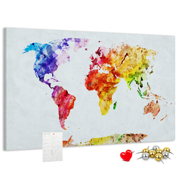 Lavagna di sughero mappa del mondo decorativa con colori ad acquerello