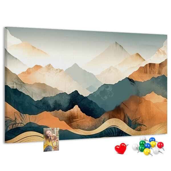 Lavagna di sughero con stampa di un paesaggio montano dai colori tenui