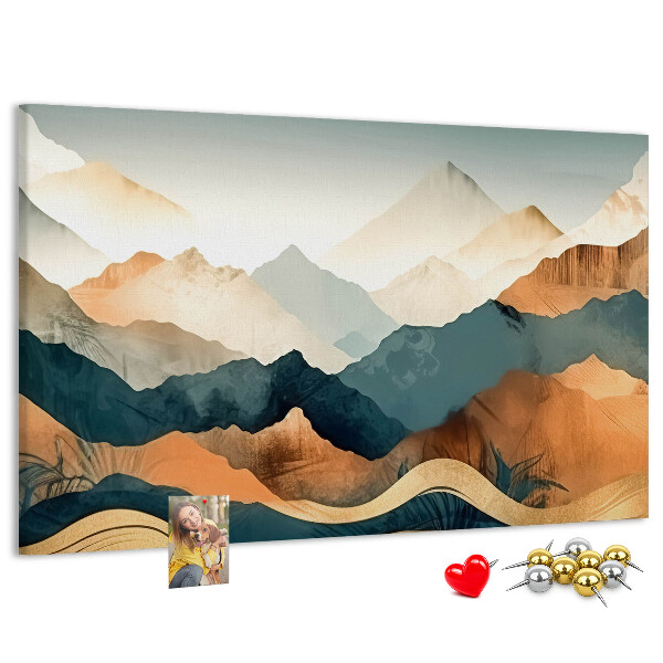 Lavagna di sughero con stampa di un paesaggio montano dai colori tenui
