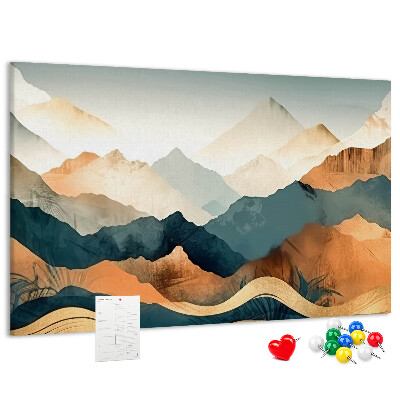 Lavagna di sughero con stampa di un paesaggio montano dai colori tenui