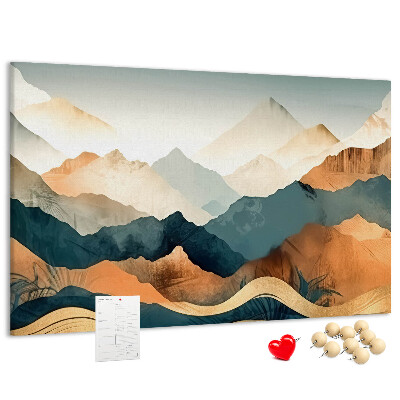 Lavagna di sughero con stampa di un paesaggio montano dai colori tenui