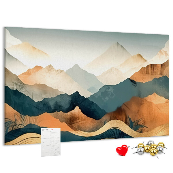 Lavagna di sughero con stampa di un paesaggio montano dai colori tenui