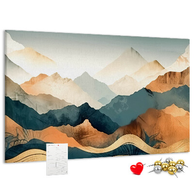 Lavagna di sughero con stampa di un paesaggio montano dai colori tenui
