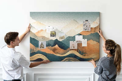 Lavagna di sughero con stampa di un paesaggio montano dai colori tenui