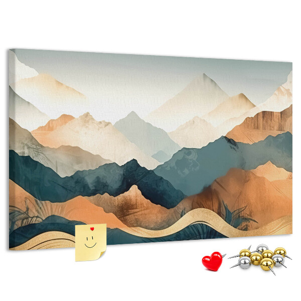 Lavagna di sughero con stampa di un paesaggio montano dai colori tenui