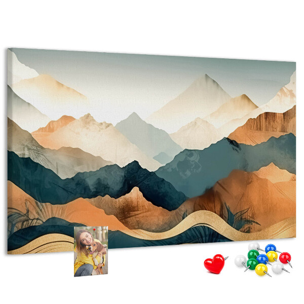 Lavagna di sughero con stampa di un paesaggio montano dai colori tenui