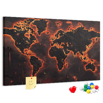 Lavagna di sughero mappa del mondo in tonalità scure con effetto fiamme