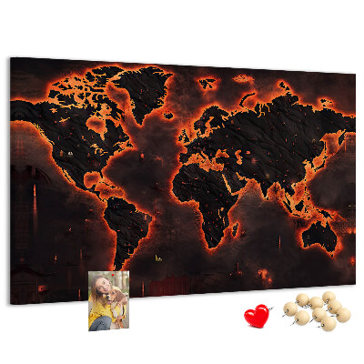 Lavagna di sughero mappa del mondo in tonalità scure con effetto fiamme