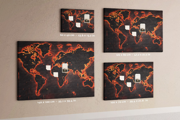 Lavagna di sughero mappa del mondo in tonalità scure con effetto fiamme