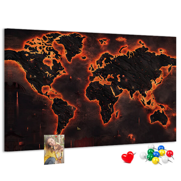 Lavagna di sughero mappa del mondo in tonalità scure con effetto fiamme