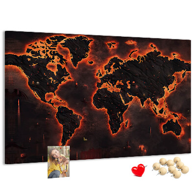 Lavagna di sughero mappa del mondo in tonalità scure con effetto fiamme