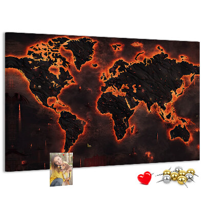 Lavagna di sughero mappa del mondo in tonalità scure con effetto fiamme
