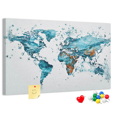 Bacheca in sughero con stampa a mappa del mondo ad acquerello
