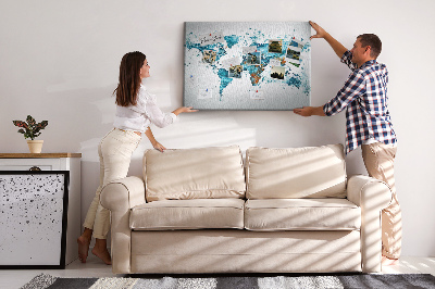 Bacheca in sughero con stampa a mappa del mondo ad acquerello