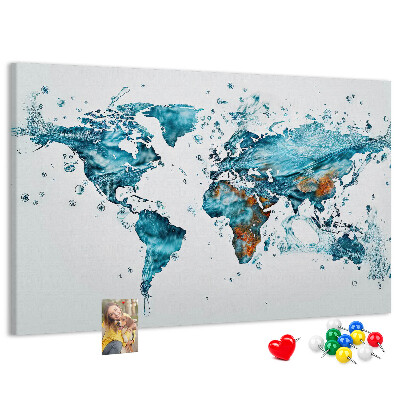 Bacheca in sughero con stampa a mappa del mondo ad acquerello