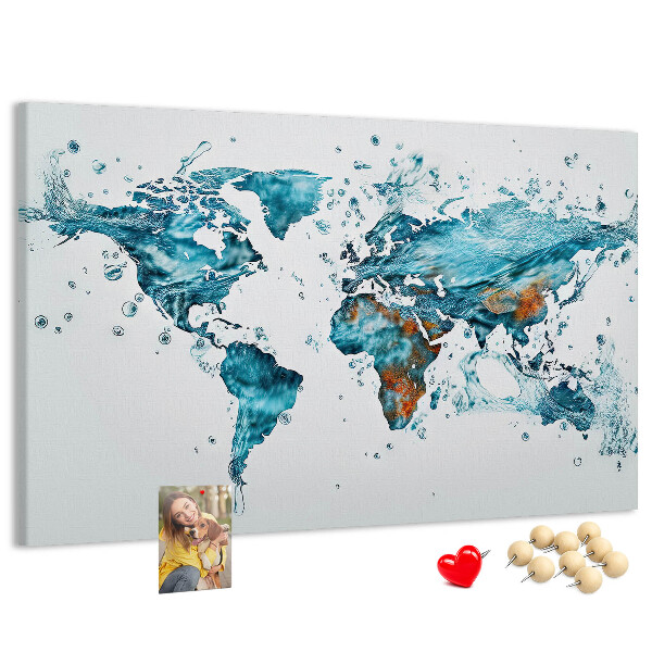 Bacheca in sughero con stampa a mappa del mondo ad acquerello