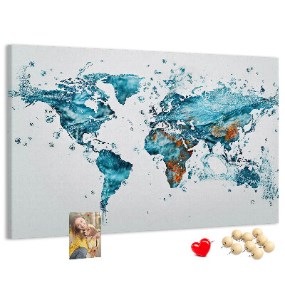 Bacheca in sughero con stampa a mappa del mondo ad acquerello