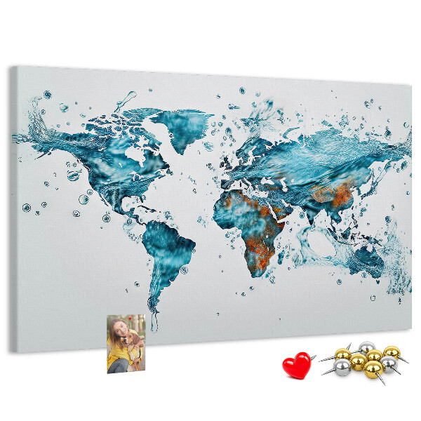 Bacheca in sughero con stampa a mappa del mondo ad acquerello