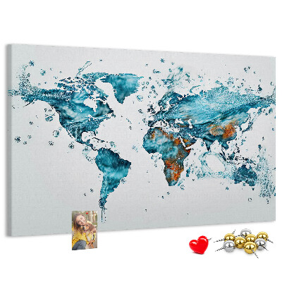 Bacheca in sughero con stampa a mappa del mondo ad acquerello