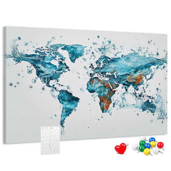 Bacheca in sughero con stampa a mappa del mondo ad acquerello