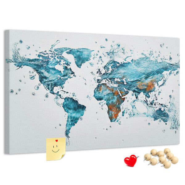 Bacheca in sughero con stampa a mappa del mondo ad acquerello