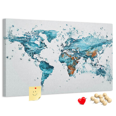 Bacheca in sughero con stampa a mappa del mondo ad acquerello