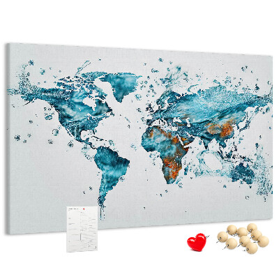 Bacheca in sughero con stampa a mappa del mondo ad acquerello