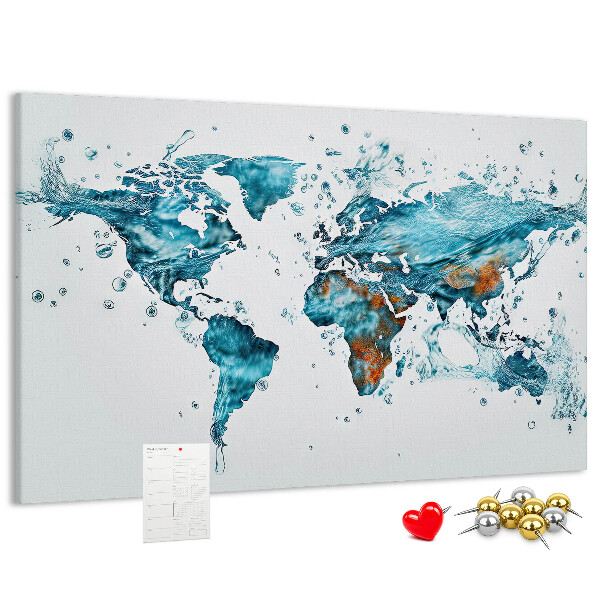 Bacheca in sughero con stampa a mappa del mondo ad acquerello