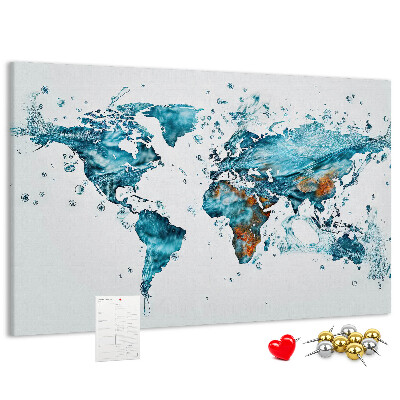 Bacheca in sughero con stampa a mappa del mondo ad acquerello