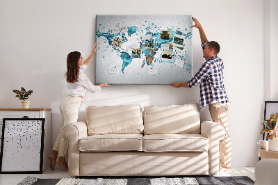 Bacheca in sughero con stampa a mappa del mondo ad acquerello