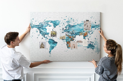 Bacheca in sughero con stampa a mappa del mondo ad acquerello